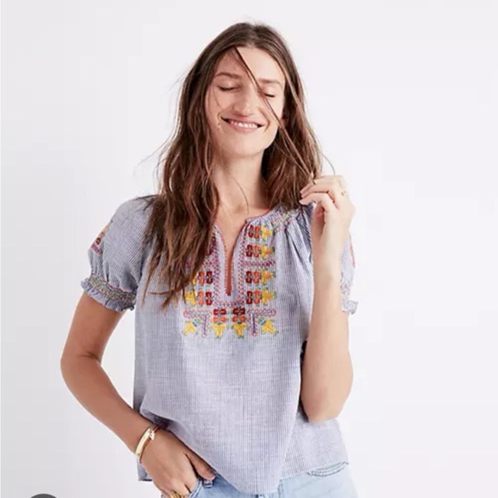Madewell Blue Embroidered Blouse